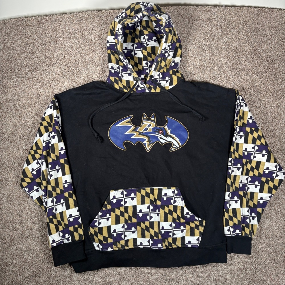 Baltimore Ravens Batman Maryland Flag Hoodie Mens XL Black Purple Gold Graphic